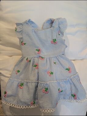 Rare Editions Blue & White Striped Baby Dress with Pink Floral Embroidery
